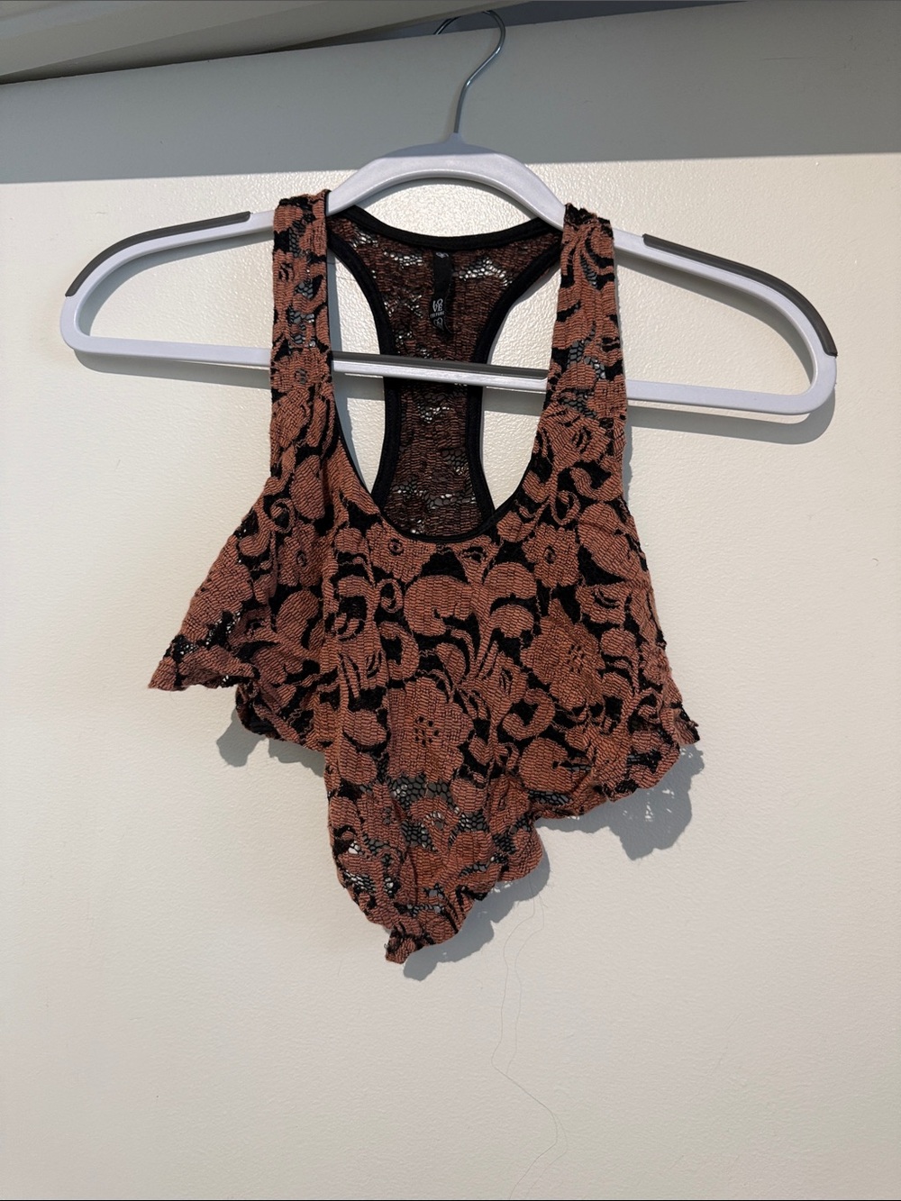 Burnt Orange and Black Floral Lace Racerback Crop Top